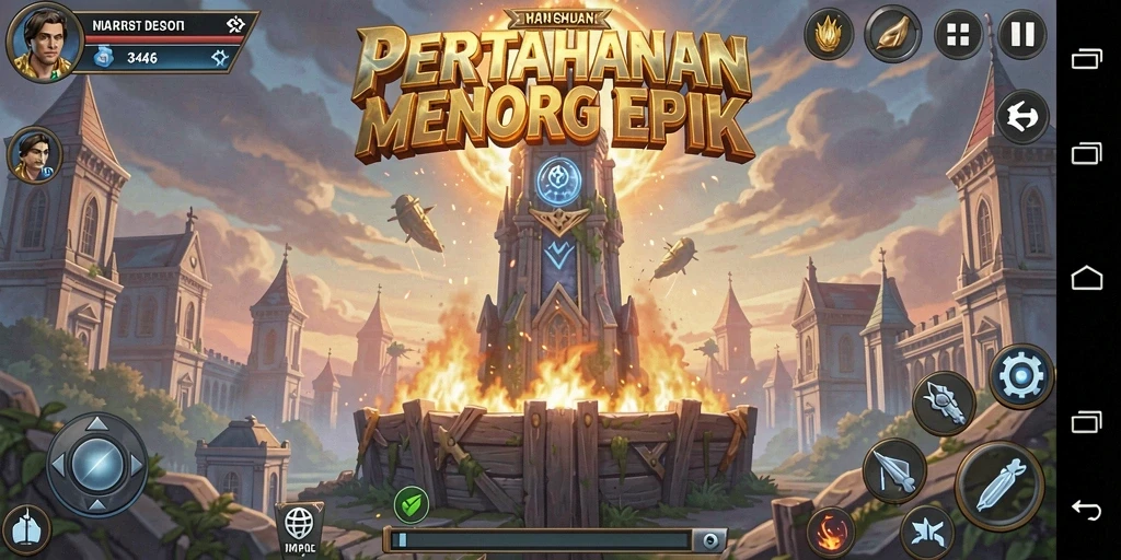 Screenshot menampilkan gameplay menara pertahanan yang intens.