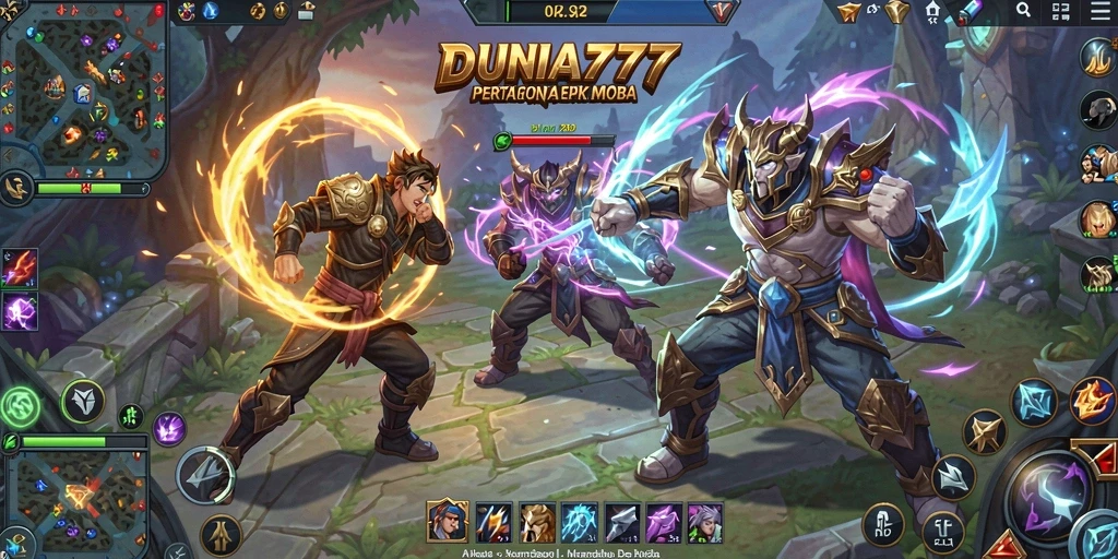 Tangkapan layar DUNIA777 menampilkan aksi seru dalam pertarungan MOBA.