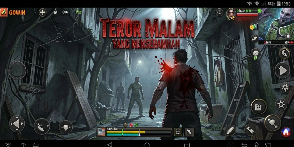 Screenshot utama GOWIN menampilkan adegan gameplay menegangkan di lingkungan yang menyeramkan.