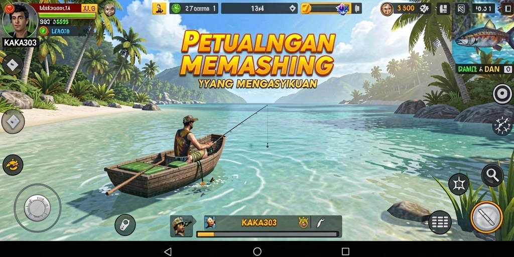 Tampilan gameplay KAKA303 dengan ikan yang beragam dan lokasi memancing yang menarik.