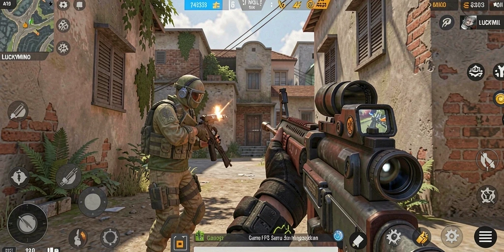 Tangkapan layar gameplay <strong>LUCKYMINO</strong> menunjukkan aksi tembak-menembak yang intens di peta yang mendetail.
