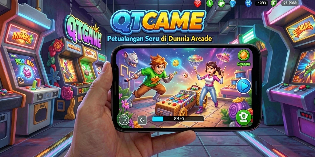 Tampilan permainan QTGAME dengan aksi seru di level Arcade.
