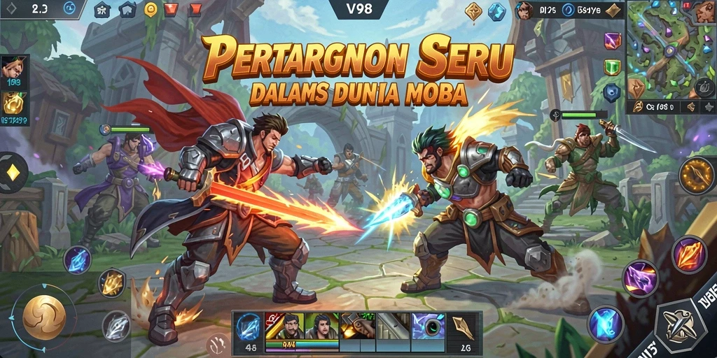 Screenshot menunjukkan aksi pertarungan seru di V98 MOBA.