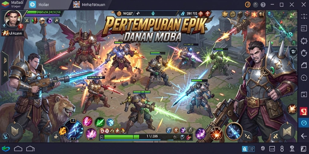 Tangkapan layar utama menampilkan pertempuran seru dalam game MOBA.