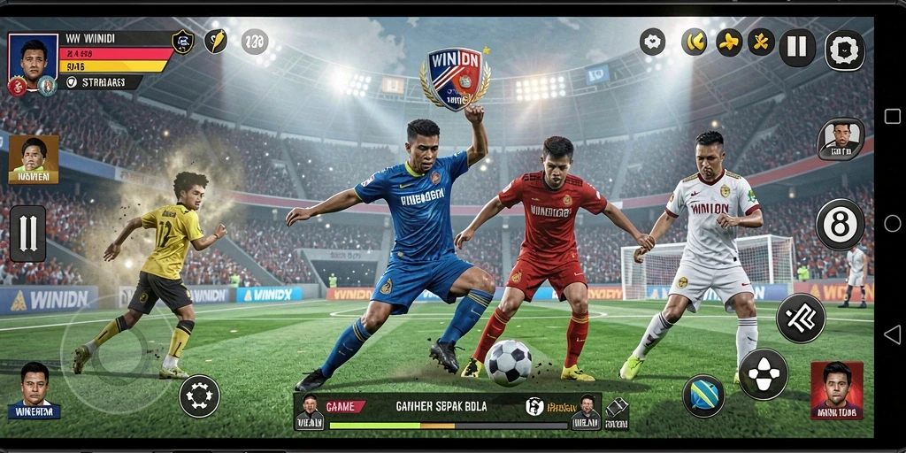 Tampilan aksi seru dari gameplay <strong>WINIDN</strong> dengan pemain berlari dan menggiring bola.